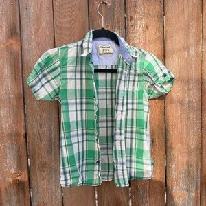 Bon Organik Boys Green Gray Plaid Button Down Short Sleeve Shirt Size 8